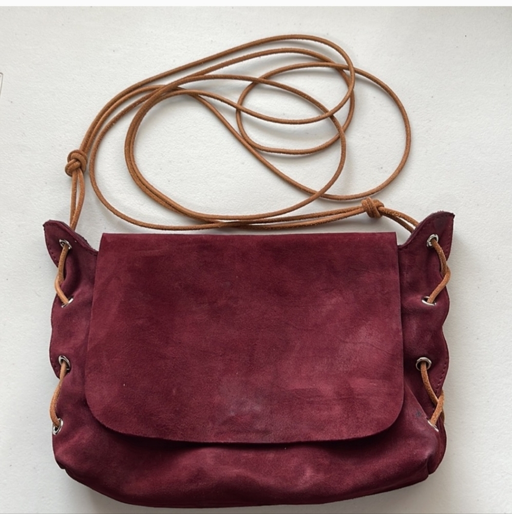 Zimmermann, Maroon Burgundy Suede Leather Purse With Tan Suede Shoulder Strap - Picture 1 of 7